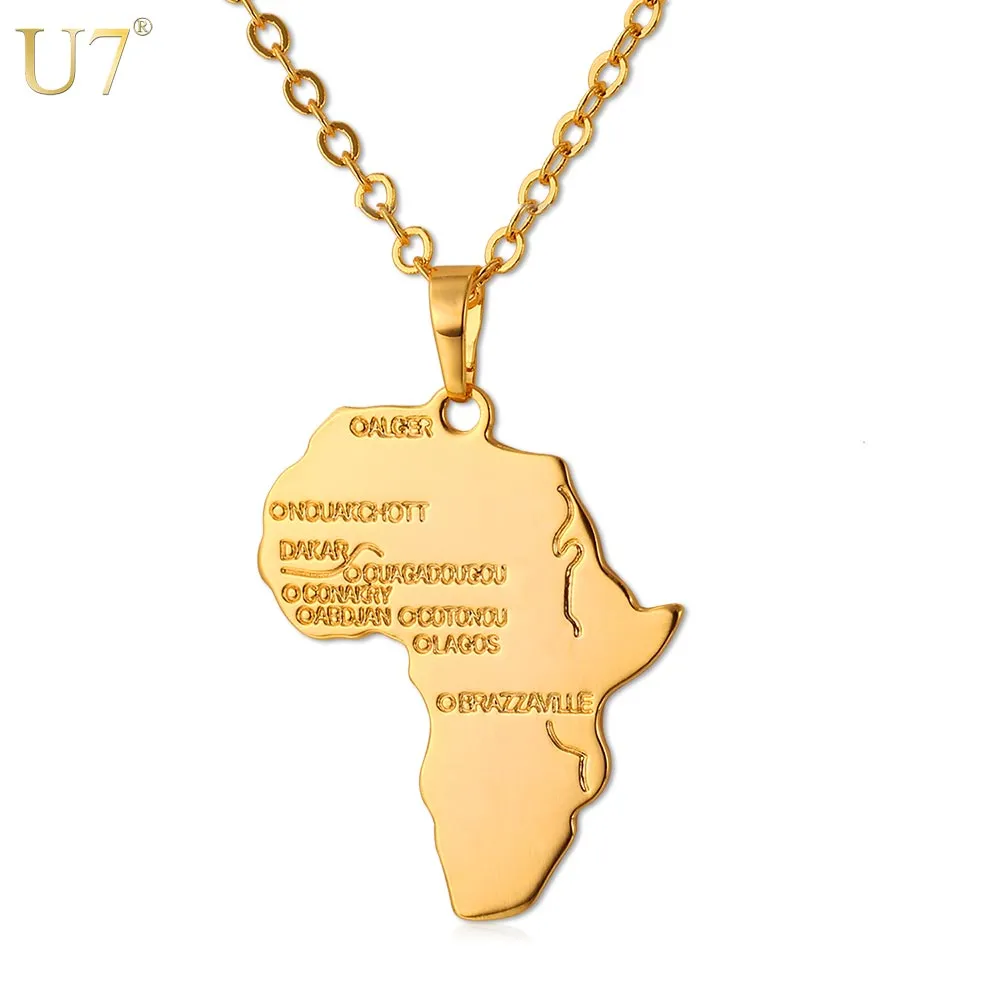 U7 Hiphop Africa Necklace Gold Color Pendant & Chain African Map Gift for Men/Women Ethiopian Jewelry Trendy P544