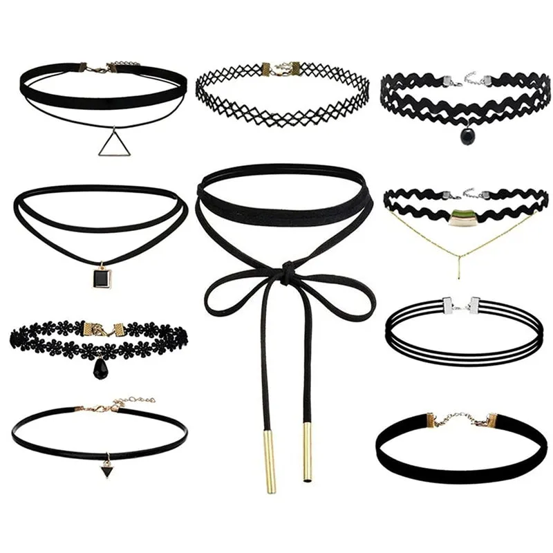 VenusFox 10 Pcs/pack Choker Necklace Black Lace Leather Velvet Strip Woman Collar Party Jewelry Neck Accessories Chokers