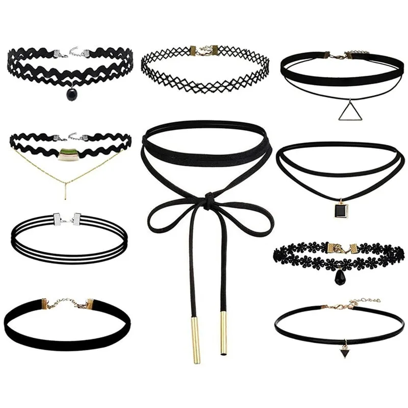 VenusFox 10 Pcs/pack Choker Necklace Black Lace Leather Velvet Strip Woman Collar Party Jewelry Neck Accessories Chokers