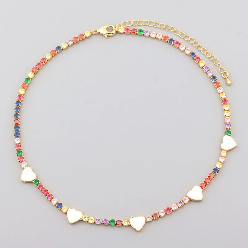 VenusFox Charms Rainbow Enamel Heart Necklaces for Women Crystal Gold Micro Pave Chokers Necklaces CZ Cubic Zirconia Women Jewelry Gift