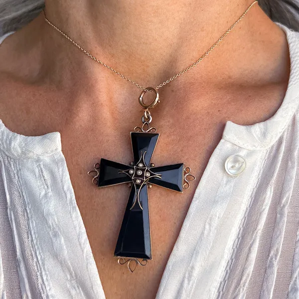 Victorian Pearl & Onyx Cross