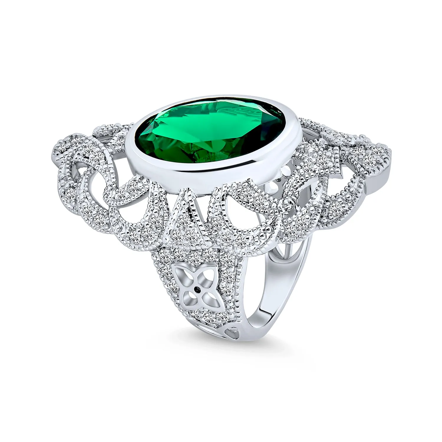 Vintage Filigree Emerald CZ Cocktail Statement Ring Silver Plated Brass Jewelry