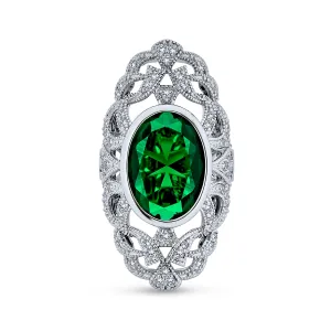 Vintage Filigree Emerald CZ Cocktail Statement Ring Silver Plated Brass Jewelry