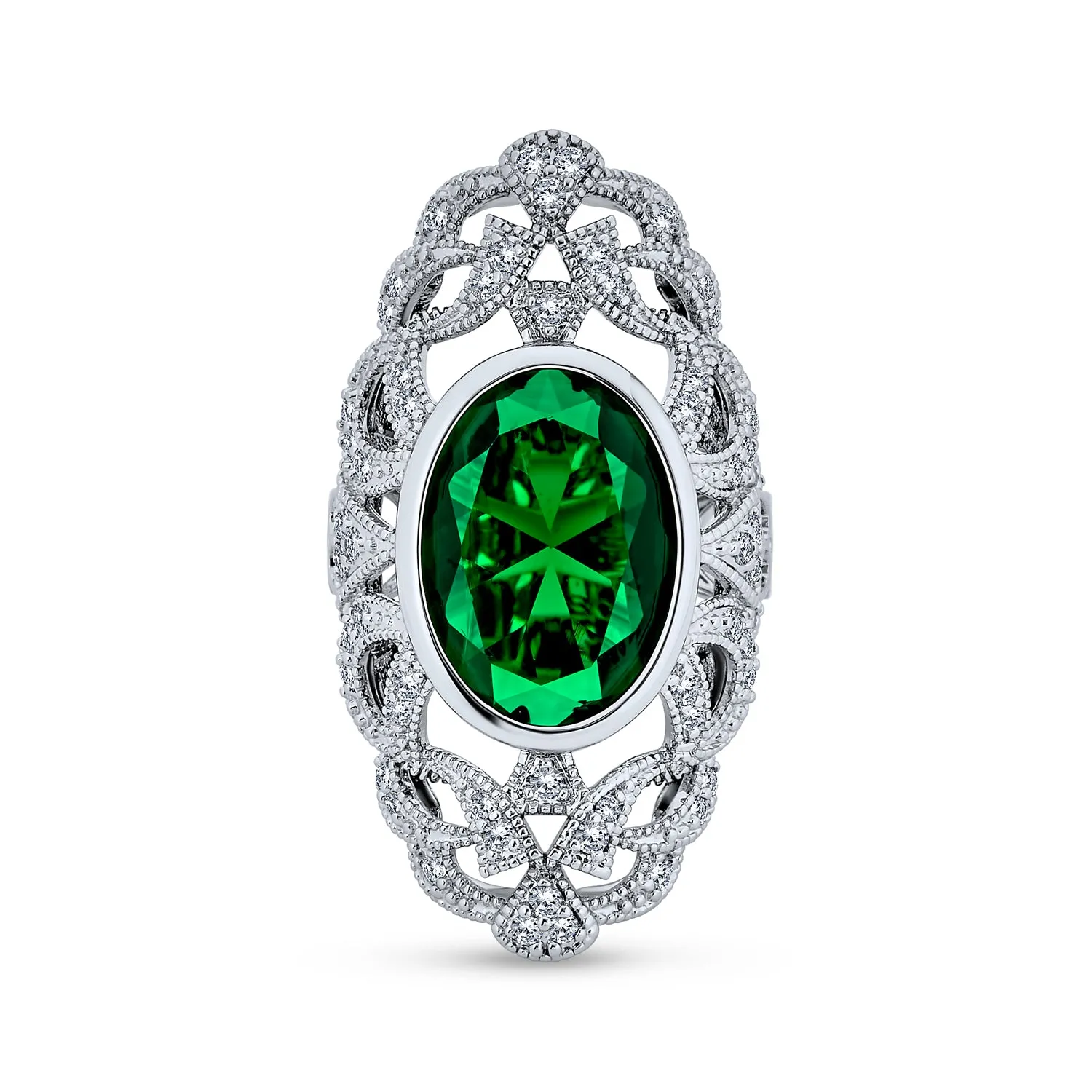 Vintage Filigree Emerald CZ Cocktail Statement Ring Silver Plated Brass Jewelry