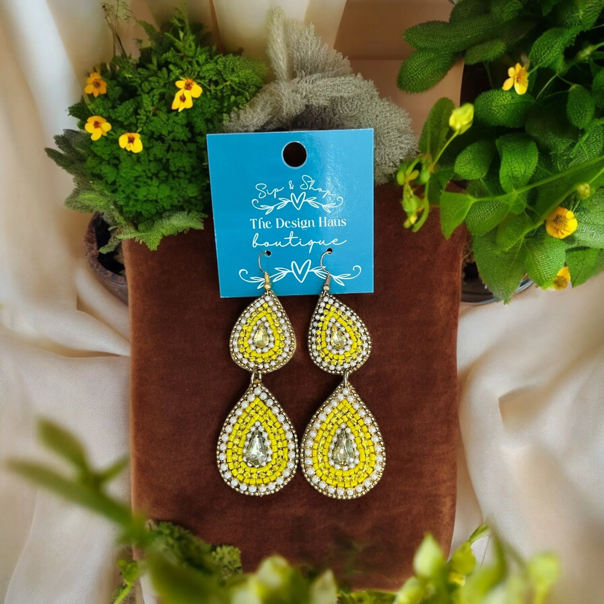 Yellow Beaded Teardrop Earrings