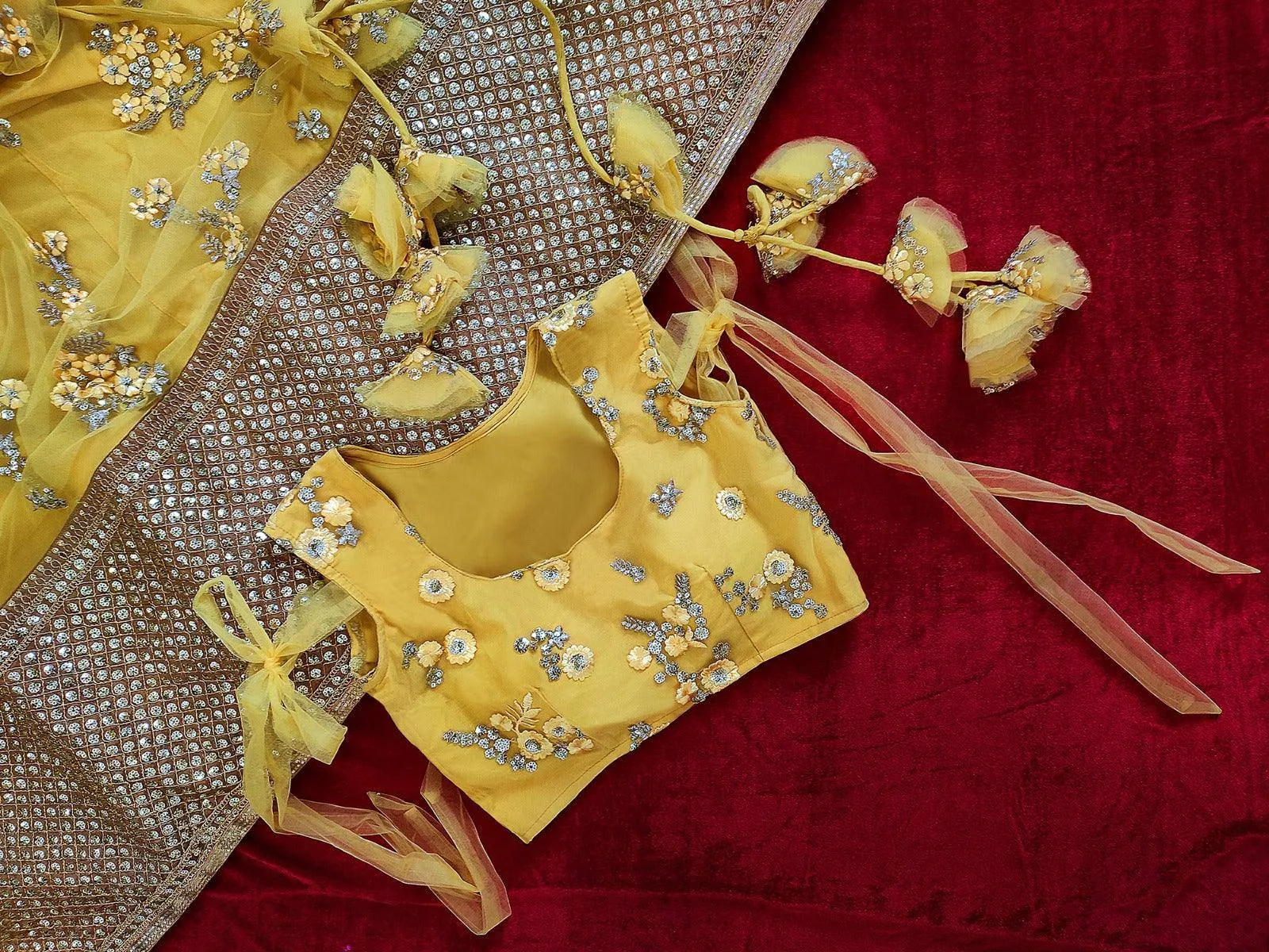 Yellow Net Lehenga with Embroidery and Zari