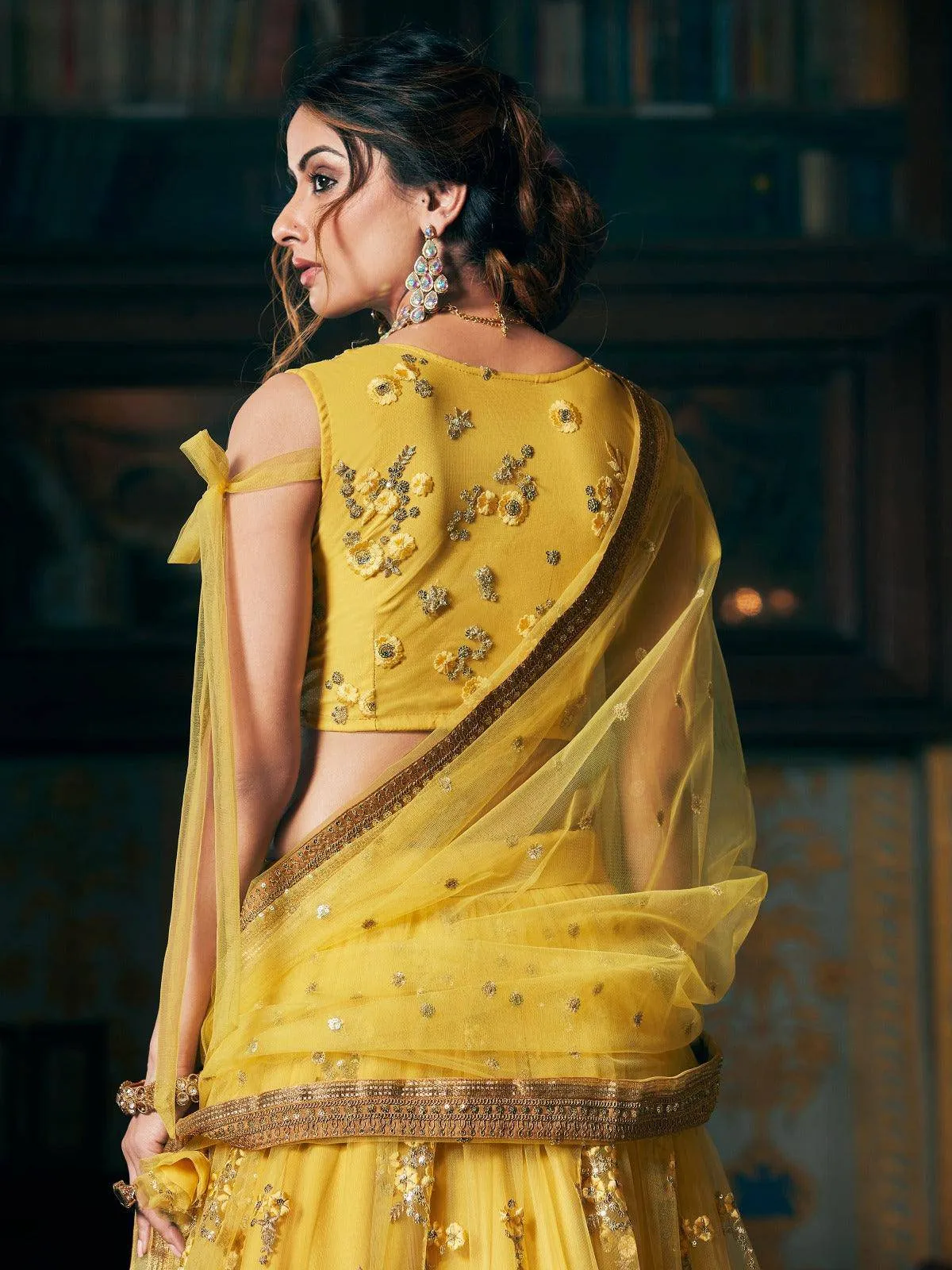 Yellow Net Lehenga with Embroidery and Zari