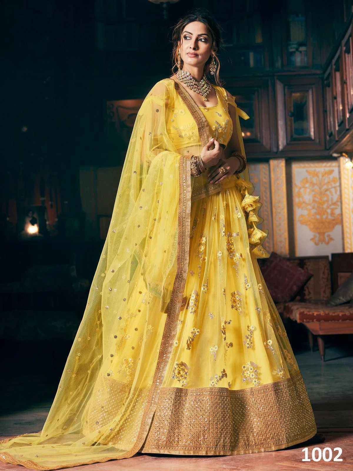 Yellow Net Lehenga with Embroidery and Zari