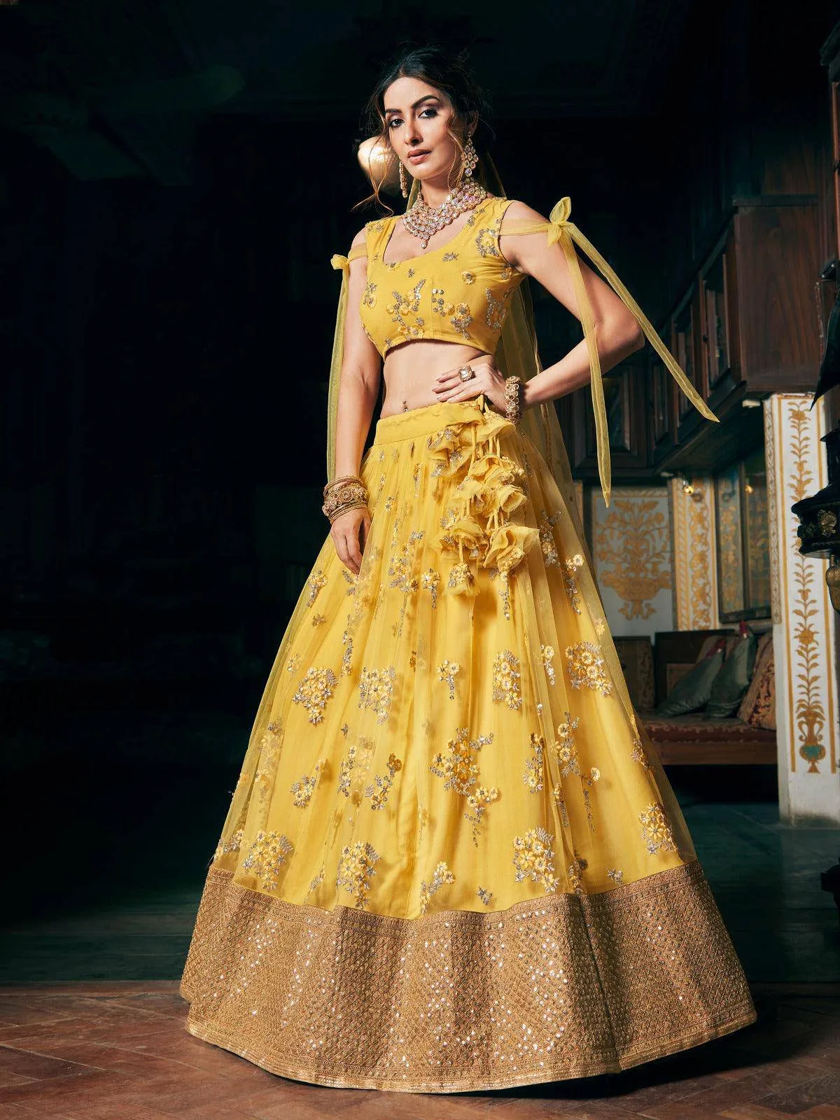 Yellow Net Lehenga with Embroidery and Zari